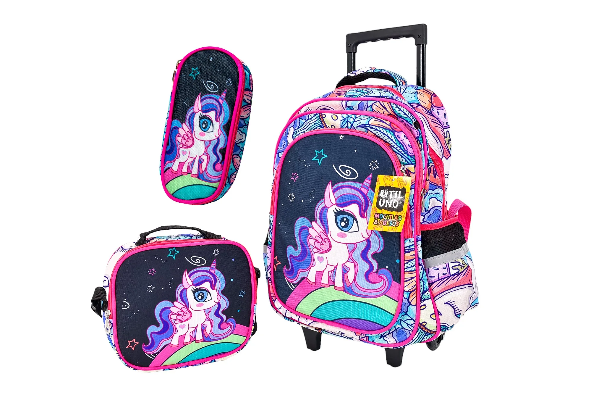 Combo Escolar Unicornio Mochila con Ruedas, Lunchera y Cartuchera