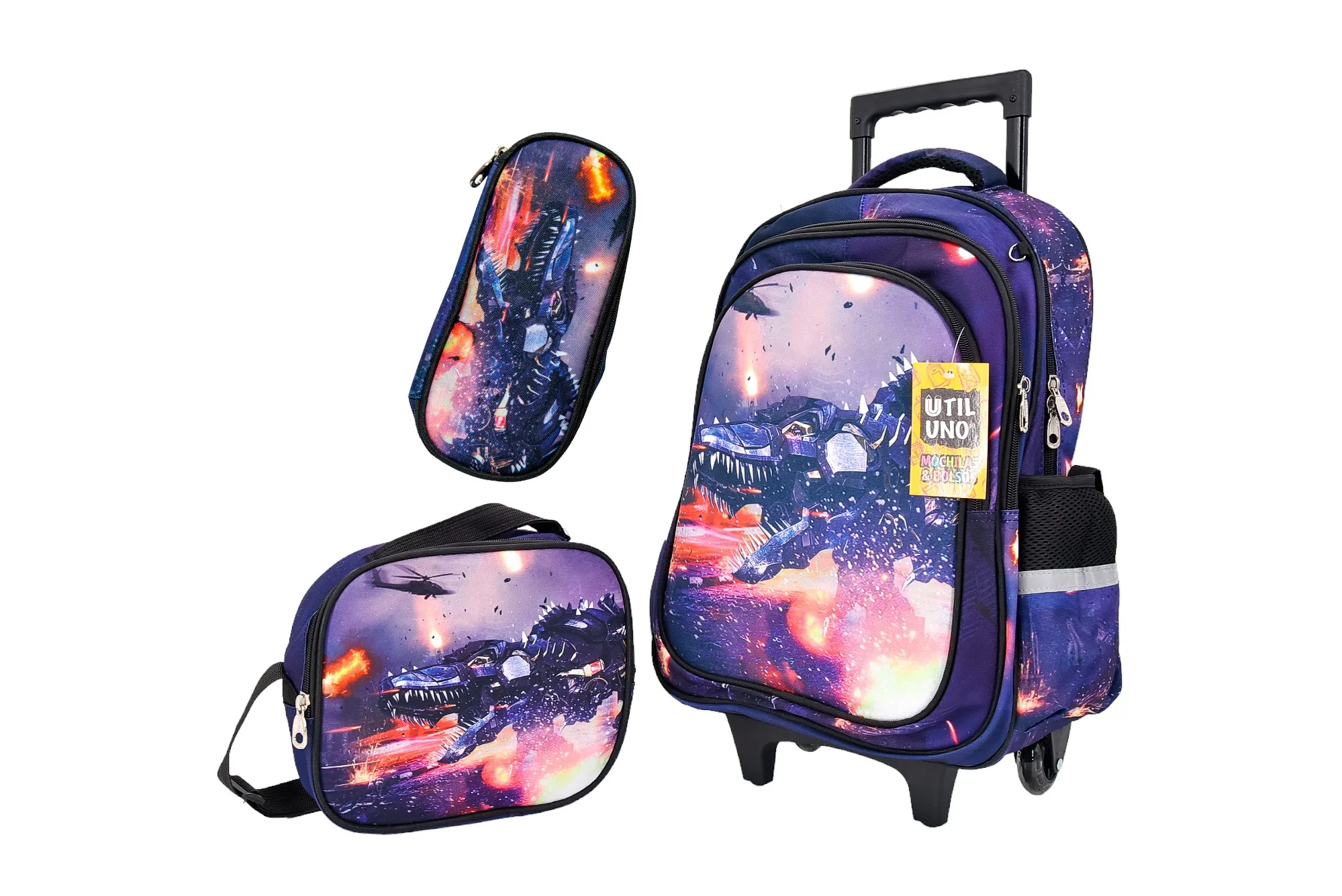 Combo Escolar Dinosaurio Rex Galaxia: Mochila con Ruedas, Lunchera y Cartuchera MTC-35C