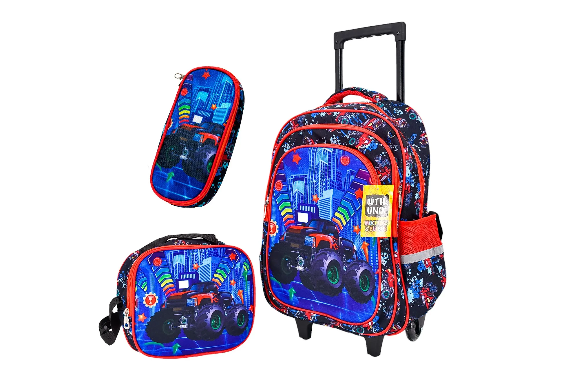 Combo Escolar Monster Truck: Mochila con Ruedas, Lunchera y Cartuchera MCT-35D